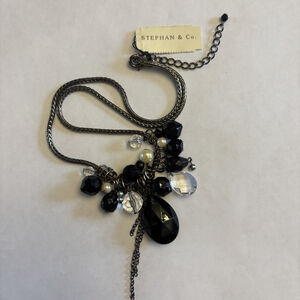 Stephan & Co. Black & Clear Crystal Cluster Drop Pendant Necklace NWT